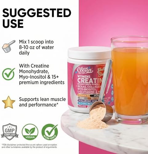 Creatine for Women | Creatine Monohydrate + BCAA Powder Myo-Inositol Collagen Biotin Hyaluronic Acid Folate L Glutamine Vitamin D3 Iron Zinc D-Chiro-Maca Digestion Shelf Builder By Clean Nutra — view 5
