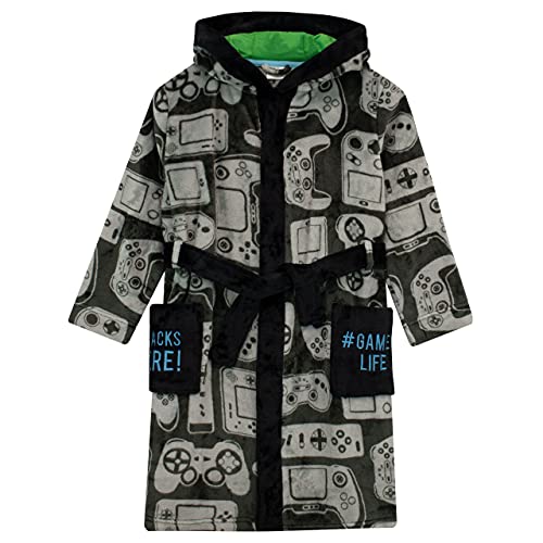 Harry Bear Gaming Kinderbademantel, Bademantel Jungen, Bademantel Kinder Jungen, Kuscheliger Fleece-Morgenmantel Kinder Mit Kapuze, Grau 140