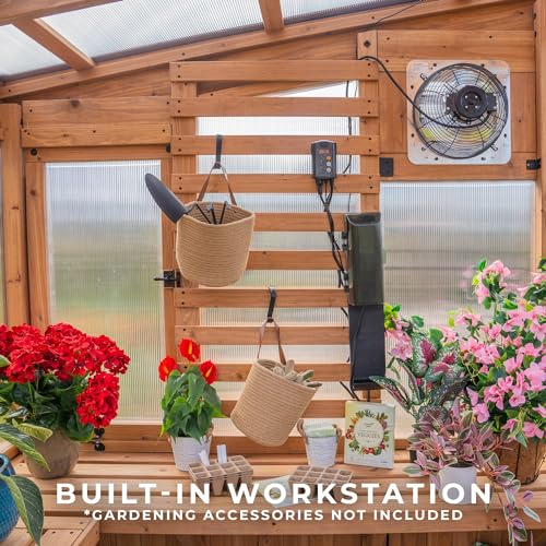 Backyard Discovery Willow 9' x 6' Cedar Wood and Polycarbonate Walk-in Greenhouse Kit with Exhaust Fan, Windows, Hose Hook-Ups, PowerPort, Staging Shelves for Year-Round Outdoor Gardening - image 9