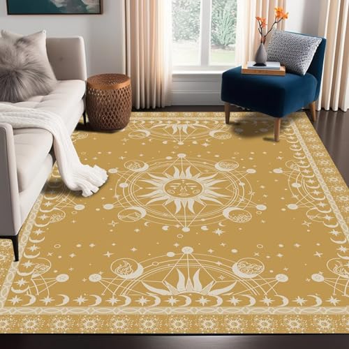 Sun and Moon Rug Boho Celestial Area Rugs for Bedroom Dorm Living Room Bohemian Occult Crescent Solar Stars Galaxy Floor Mat Pad Doormat Carpet,47" X 31",Aztec Gold Aztec Gold 2'7" x 3'11" (