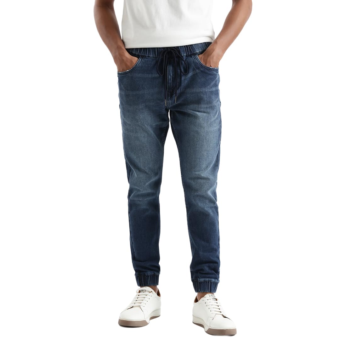wrogn Men's Denim Joggers | Washed Design | Slim Fit | Blue | 28-picture-11