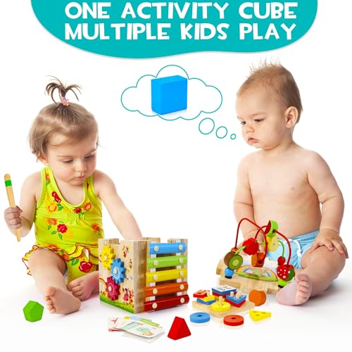 Image of HELLOWOOD Wooden Activity Cube, 8-in-1 Montessori Baby Toys for 1+ Year Old Boys & Girls, Educational Learning Toys for Toddlers Age 1-2, 1st Birthday Gift | Bonus Sorting & Stacking Board