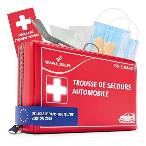 WALSER Trousse de secours automobile 2026, trousse de secours voiture, kit d'urgence voiture, trousse de premiers secours DIN 13164:2022, rouge 44283