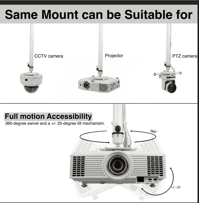 Image of Audiovan Round Shape Universal Projector Ceiling Mount with Single Bolt Ball Head Tilt Adjustment Projector Ceiling Mount Bracket Extendable 2 feet