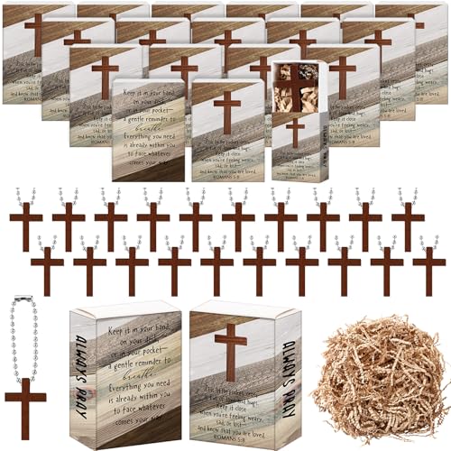 Tondiamo 36 Set Christian Gifts Wooden Cross Charm Religious Hanging Favors Cross Keychain Small Wooden Crosses Pocket Prayer Box Father's Day Gifts for Men Church DIY Craft