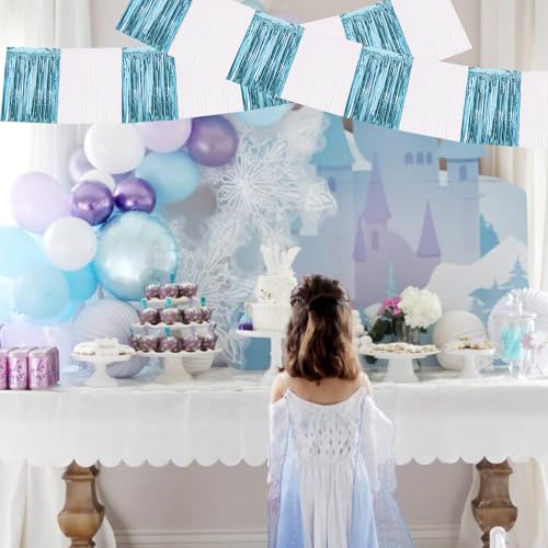 Image of BEISHIDA 3 Packs Metallic Foil Fringe Garland Light Blue White Wall Hanging Tinsel Fringe Banners for Car Floats Bridal Shower Wedding Birthday Graduation Holiday Party Decoration(30 Feet)