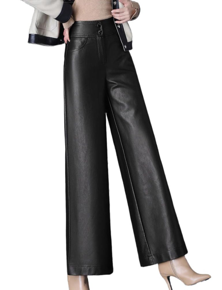 Faux Leather Pants for Women Trendy High Waist Wide Leg Baggy Straight Leg PU Leather Pants