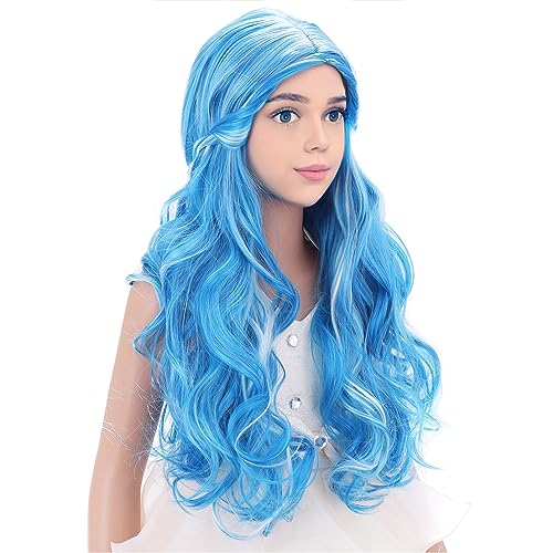 Image of PATTNIUM Kids Blue Wig Long Wavy Child Wig Light Blue Wig for Kids Heat Resistant Synthetic Hair Cosplay Costume Girls Wig (Mixed Blue)