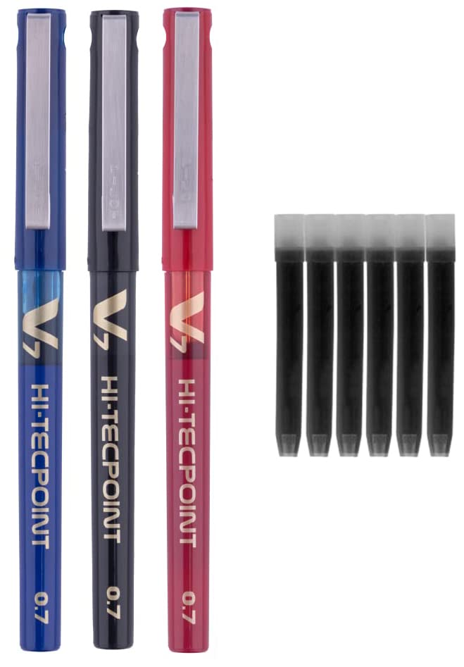 Image of Pilot V7 Liquid Ink Roller Ball Pen (1 Blue + 1 Black + 1 Red),multicoloured,9000014717 Ink Cartridges -Black(Pack of 6)