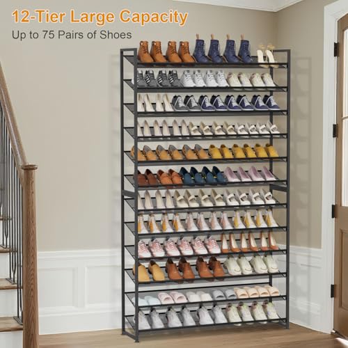 Image of Large Shoe Rack 12 Tier Shoe Organizer, Heavy Duty Metal 6-Tier Stackable Shoe Storage Vertical Shoe Rack for Closet Front Door Entrance, Up to 75 Pairs, 44.8 inch W x 11.4 inch D x 85.1 inch H, Black
