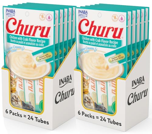 Image of INABA Churu Cat Treats, Grain-Free, Lickable, Squeezable Creamy Puree Cat Treat /Topper with Vitamin E & Taurine, 0.5 Ounces Each Tube, 48 Tubes (4 per Pack), Chicken with Crab Recipe
