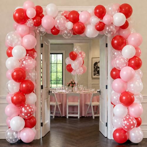 Image of TONIFUL 100 Pack Red Pink White Polka Dot Latex Balloons - Strawberry Theme Mixed Colors Balloon for Birthday Baby Shower Bridal Wedding Bachelorette Party Decorations