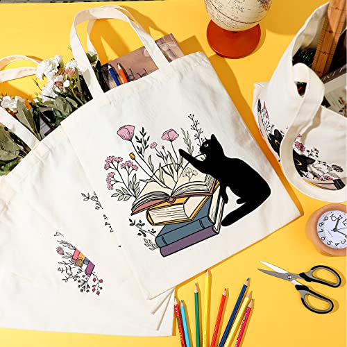 6 Pcs Aesthetic Canvas Tote Bag For Women Black Cat Flower Cute Tote Bags Funny Book Tote With Zipper Pocket Library Reusable Grocery Bag Shopping Bags School Shoulder Bag For Mother Teacher Students #TOP6