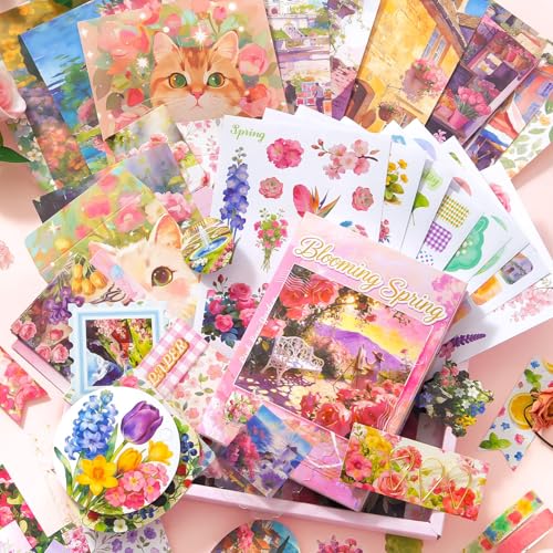 Image of VIBEVISTA Vintage Aesthetic Scrapbook Kit, 346 Pcs, A6 Grid Notebook, Washi , Envelopes, Scrapbook Papers, Folding Labels, Background Papers, Photo Frames, Calendar Stickers, Stickers (blooming spring)
