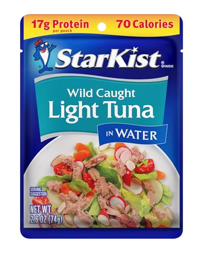 Image of StarKist Wild Caught Light Tuna in Water, 2.6oz Pouch, 12-Pack | 17g Protein Per Serving, Ready to Eat, Shelf Stable Seafood, Gluten Free, Soy Free, No Draining for Salads and Sandwiches