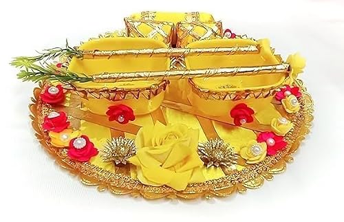 SUKAINA TRENDS Haldi PlatePlatter for Haldi Ceremony | Round Decorated Wedding Tray for Bride and Groom with 2 Stick and 2 Bowl [Yellow] (Striped 2)