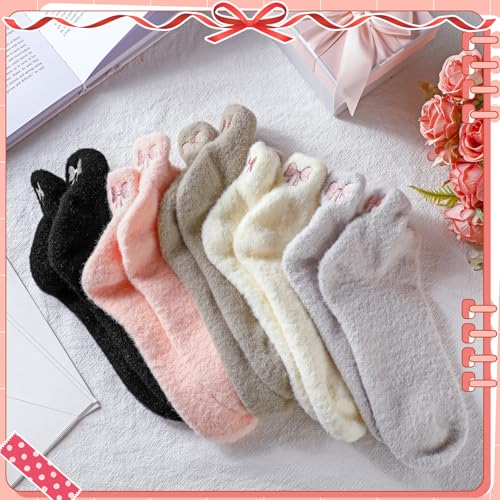 5 Pair Women Bow Fuzzy Socks Stuff Coquette Pink Cozy Fluffy Ankle Slipper Socks for Women Girls Preppy Stuff4
