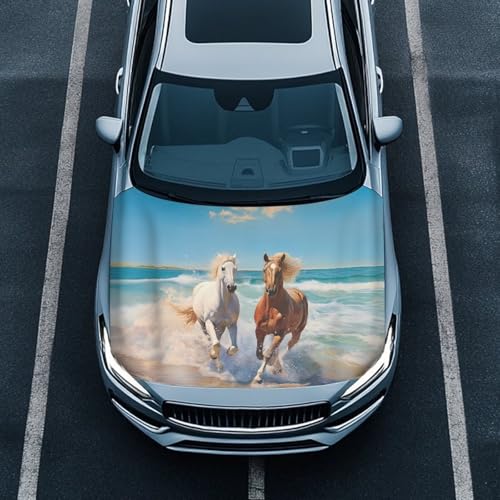 Image of Horse Beach Print Car Hood Cover Elastic Fabrics Automotive Hood Covers Washed Vehicles Decorate Suitable for SUV and Pickup Trucks (59.05 X 39.37 inches)