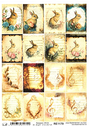 Josys Bastelmärchen Reispapier A4 Strohseide Decoupage Ostern Notenblatt Hase Blumen golden RE1179 Cover