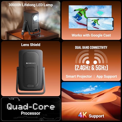 Image of Zebronics Official Google TV Projector, 7500 Lumens, 4K Support, 200 inch Display, Auto Focus & Keystone, 270 Tilt, Portable Home Theater Cinema,Netflix, Prime, WiFi, BT, HDMI ARC (PixaPlay 77G)