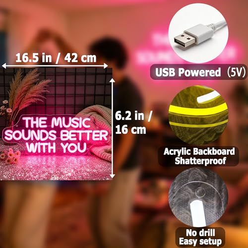 Image of Music Sounds With You Neon Sign for Wall Decor Light Up Sign Led Signs for Room Party Home Wall Decor USB Powered