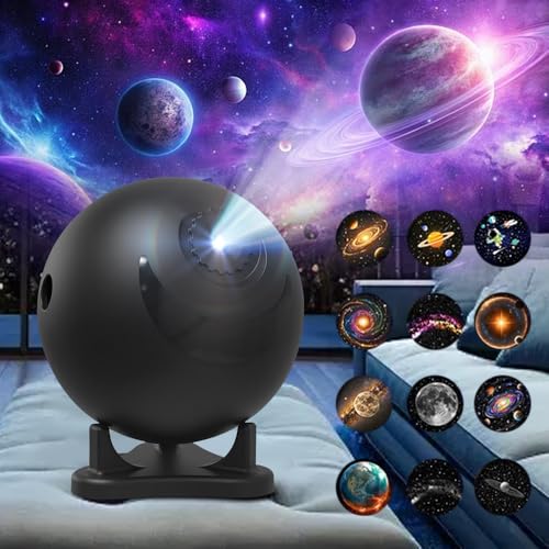 RNPKZ - Proyector de cielo estrellado planetario, lámpara proyector galaxia con 12 discos planetarios, lámpara nebulosa giratoria de 360° para niños y adultos