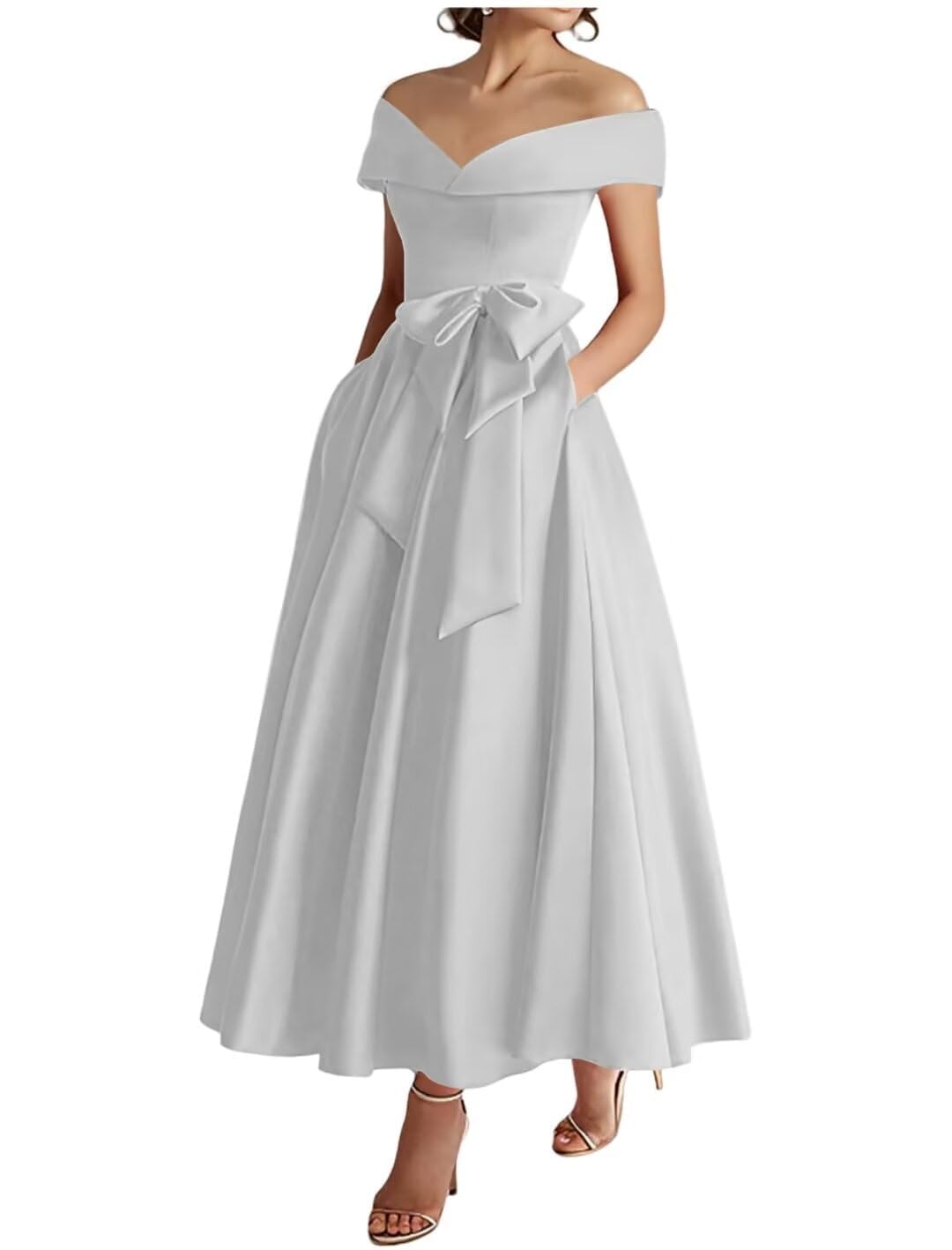 Kurface Women's Silver Mother Of The Bride Dresses Tea Length For Wedding A Line Satin Prom Dress Elegant Formal Evening Gown Uk16