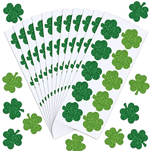 Whaline 500Pcs St. Patricks Day Stickers Glitter Green Shamrock Shape Stickers 1.5Inch Lucky Clover Pattern Shinny Label Tag Self-Adhesive Sticker for Irish Holiday Party Box Cards Seal Envelopes