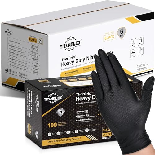 TitanFlex Heavy Duty Black Nitrile Gloves, Large, 6 Mil with Raised Diamond Texture, Industrial Work Gloves Disposable Latex Free, Powder Free, Mechanic Disposable Gloves(L)