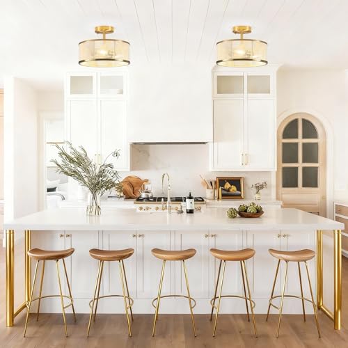 Image of Modern Semi Flush Mount Ceiling Light, 3 Light Gold Ceiling Light with Rope Shade, Drum Light Fixture for Kitchen Bedroom Dining Room Hallway Entryway