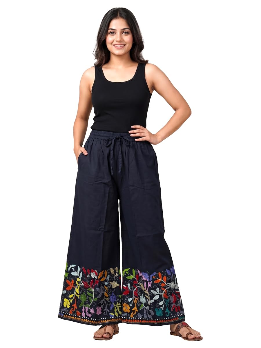 Women's Hand Embroidered Kantha Stitch Cotton Palazzo with Pocket (Black- 0626011; Free Size)-picture-57