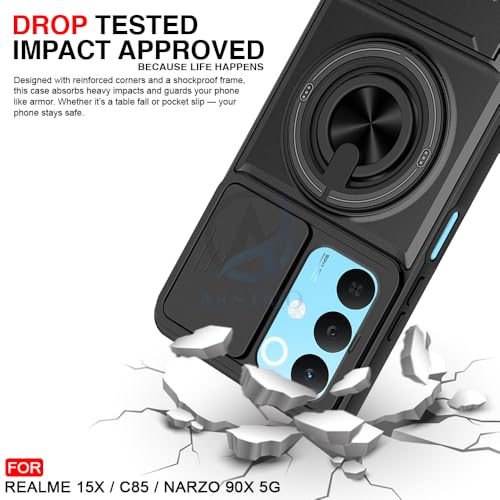 Image of AESTMO Realme 15X / C85 / Narzo 90X 5G Back Cover | Armor Camera Slider 360 Degree Rotating Finger Ring Holder Case with Bracket Stand Back Case Cover (Compatible with MagSafe Accessories) (Black)