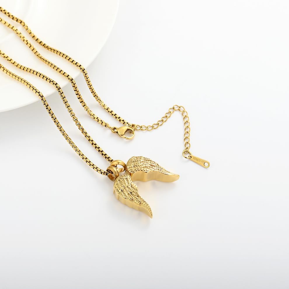 Guardian Wings Memorial Necklace for Ashes – Gold Angel Wing Cremation Pendant for Loved One
