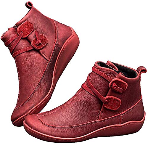 Ru Sweet Women's Arch Support Fashion Lace up Side Zip Vintage Booties Flat Heel