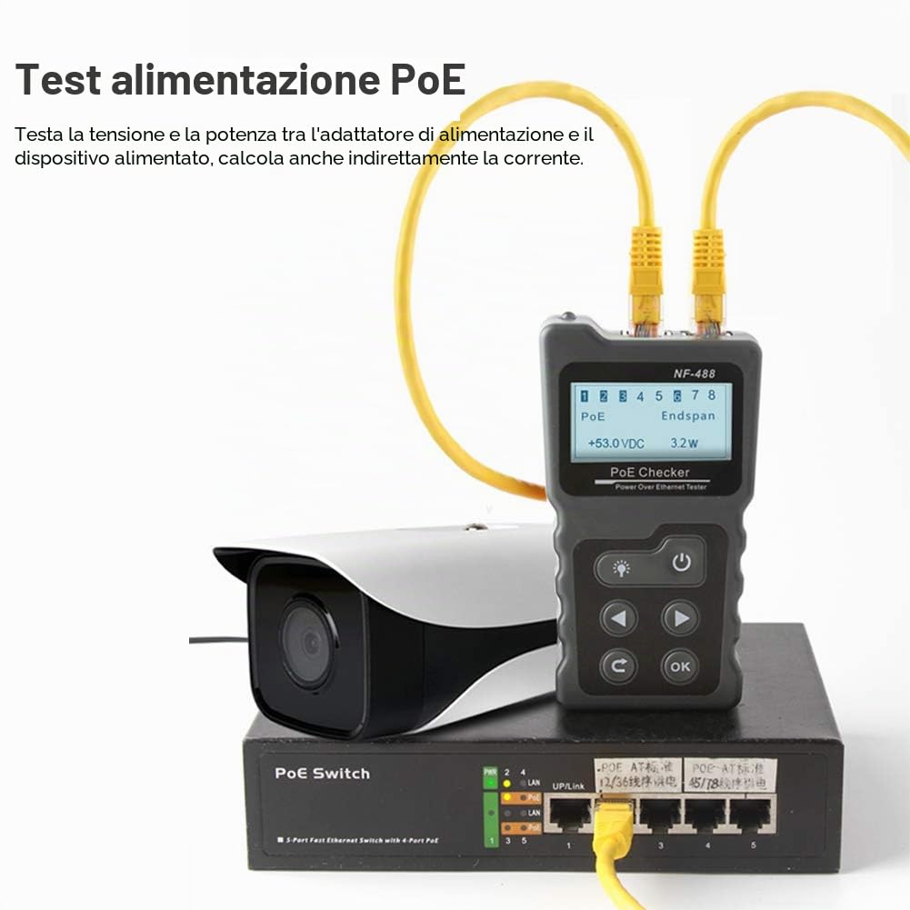 KALEA-INFORMATIQUE Tester per cavi di rete RJ45 RJ11: mappatura dei cavi, test PoE (presenza, corrente, tensione, potenza), test del consumo energetico.