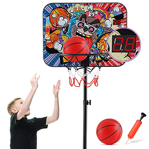 PELLOR Panier de Basket-Ball Enfants avec Scoreboard Automatique Hauteur Réglable de 110-180cm Panneau de Basket avec Pompe à Cerceau, Filet, Ballon