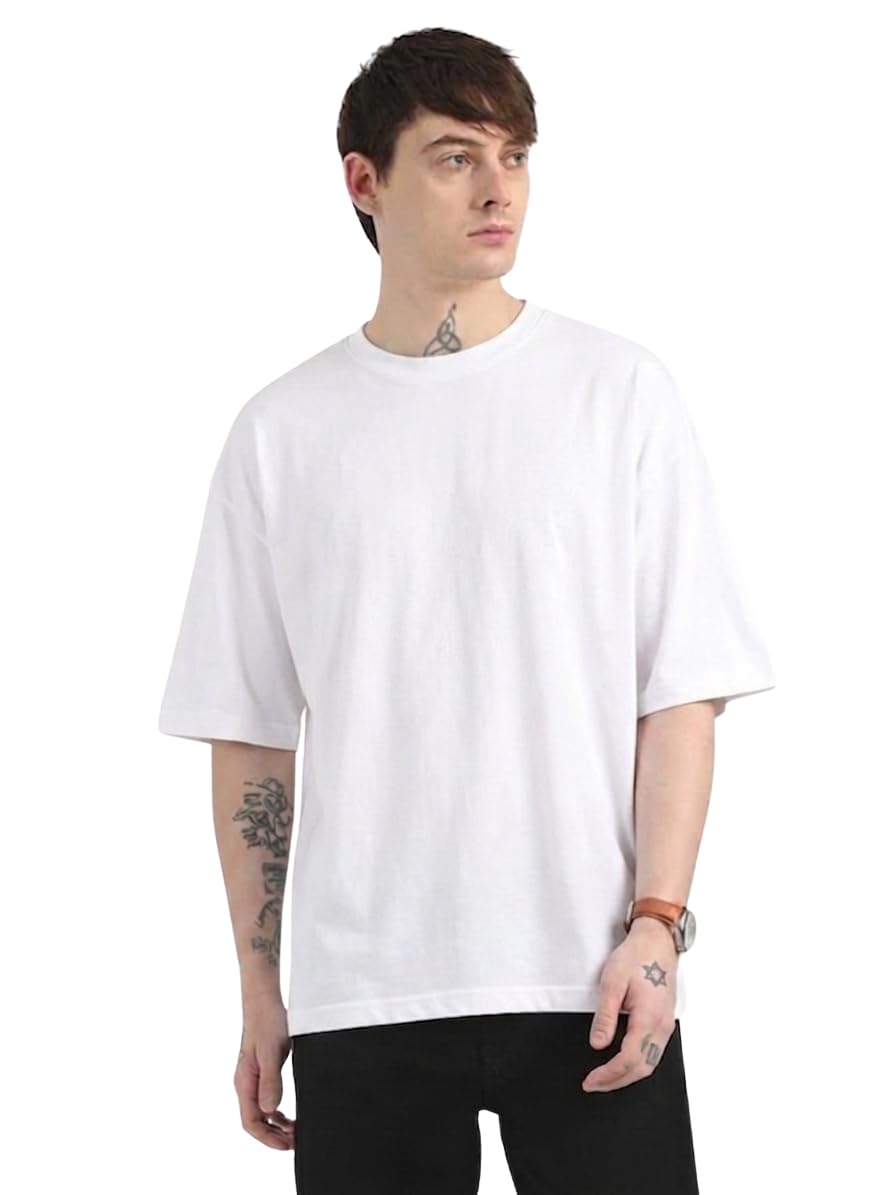 wrqat Men’s Oversized Plain Round Neck 100% Cotton T-Shirt | Soft Breathable Casual Half Sleeve Tee-picture-18