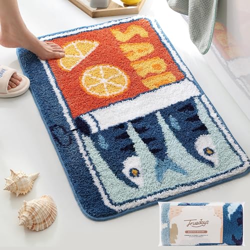 TRUEDAYS Sardine Can Bath Mat Blue Bathroom Rugs for Bedroom Soft Washable Rug Non Slip Cute Kitchen Bath Mats for Bathroom Funny Cartoon Fish and Lemon