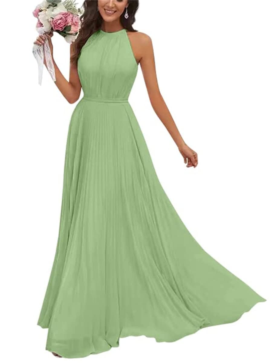 SAYNO Vestidos de dama de honor para mujer con cuello halter, acampanado, de gasa, vestidos largos de noche para invitados de boda