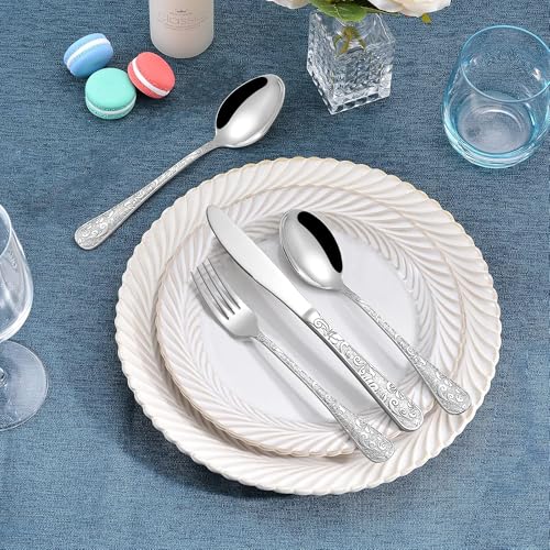 Runfly Vintage Carved Stainless Steel 20 Pieces Flatware Set, Silverware Set, Modern Embossed Cutlery Set Utensils Including Fork Spoon and Knife