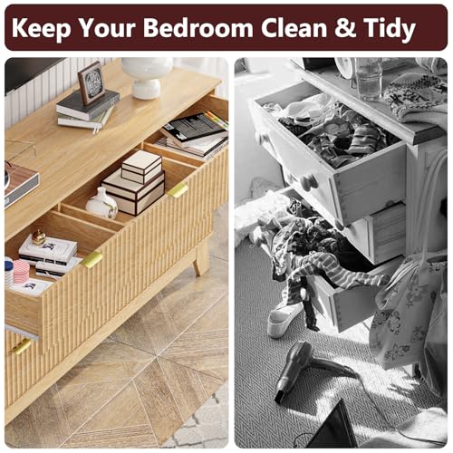 Image of Oak Dresser 9 Drawer Dresser for Bedroom, 57''Wide Fluted Wooden Dresser Storage Cabinet and Chest of Drawers with Metal Handle, Storage Organizer for Living Room, Hallway, Entryway