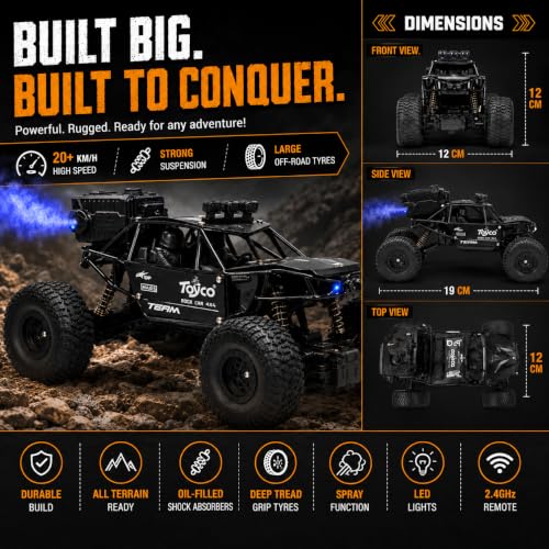 Image of toyco Rechargeable Remote Control Car Toy - Alloy Rock Crawler with LED Smoke Effect and Anti-Slip Tyres| 1:18 Scale | Off-Road RC 2WD Monster Truck Gift for Kids Boys and Girls Age 4-12+ (Black)
