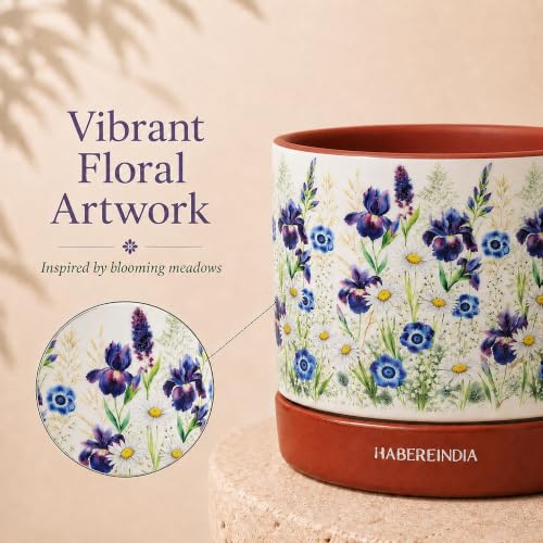 Image of Habere India-All the Cultures Fabricating India Floral Print Terracotta Planter with Under Plate | Indoor Plant Pot with Drainage | Decorative Planter for Home (Floral: L11 x W11 x H10 cm)