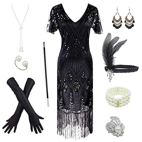 Women's 1920s Gatsby Inspired Sequin Beads Long Fringe Flapper Dress w/Accessories Set Black