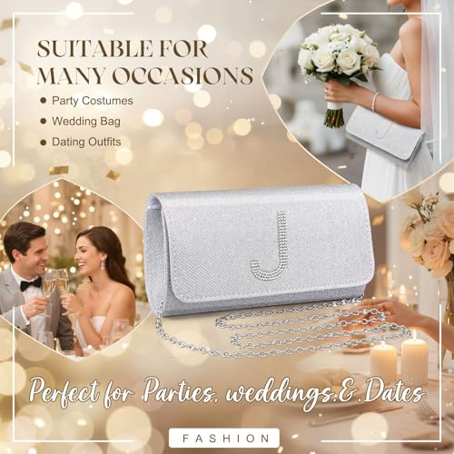 Image of Silver Clutch Purses for Women Personalized | Sparkly Evening Bag Formal Dressy, Crossbody Bag with Metal Chain, Stylish Clutch, Gift for Wedding, Prom, Cocktail Party