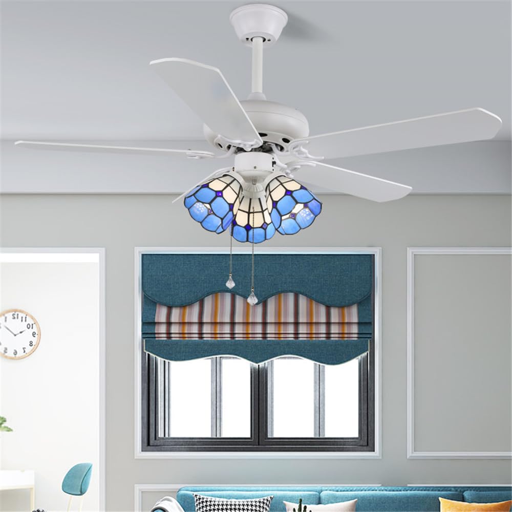 Ventilador de Techo Retro Tiffany de Lujo Europeo con luz, 132 cm x 132 cm x 45 cm, LED Blanco cálido, 1500 lúmenes, Control Remoto, Sala de Estar, Estilo 31
