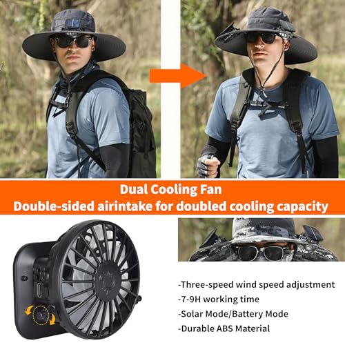 Image of Solar Fan Hat for Men Women,UPF50+ Wide Brim Sun Hats with 2 Built-in Solar Powered Fans for Fishing Outdoor Activities