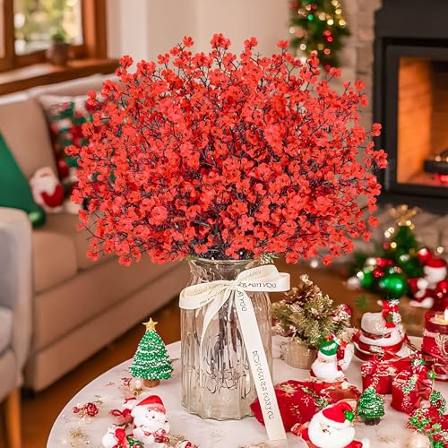 Der Rose 10Pcs Fake Christmas Flowers Artificial Red Baby Breath Artificial Flowers Real Silk Floral Arrangement Stems for Christmas Table Centerpieces Home Kitchen Mantle Porch Outdoor Deco
