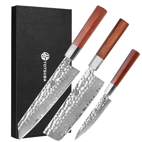 YOTSUBA Damastmesser Set, 3-teiliges Messerset aus Küchenmesser-Set, japanisches messer, und Allzweckmesser mit, Ultra Scharfes Chefmesser Hackmesser, Profi Kochmesser mit Pakkaholz Griff
