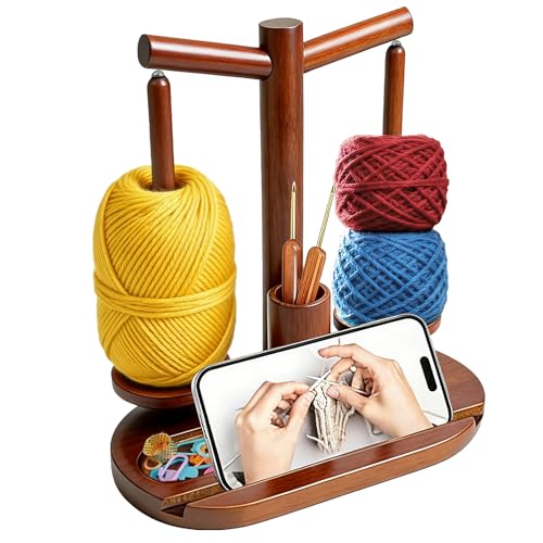 Lemosyu Wooden Yarn Holder for Crocheting and Knitting Magnetic Rotating Yarn Spinner with 2 Spindles Crochet Accessories Storage & Phone Stand Perfect Gift for Knitters Women Mom Grandma